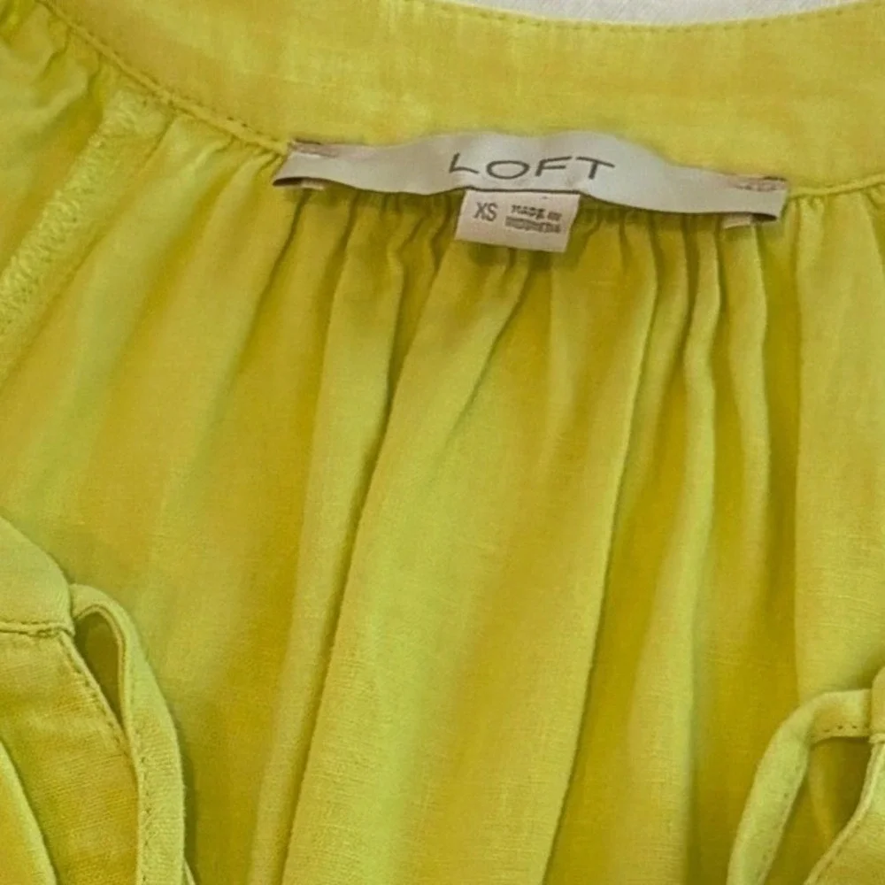 LOFT Lemon Lime Linen Blend‎ Puff Sleeve Blouse Split Neck Tie Top XS
